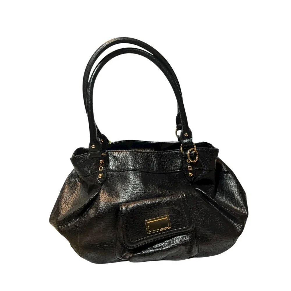Juicy Couture Black Pebble Faux Leather Tote Bag With Gold Hardware & Front Pock